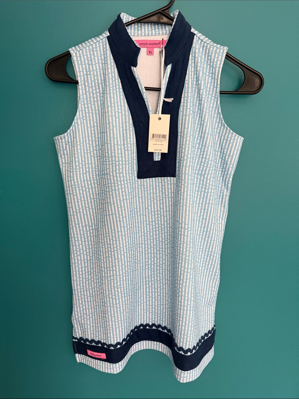 Simply Southern Light Blue Shift Dress with Navy Trim